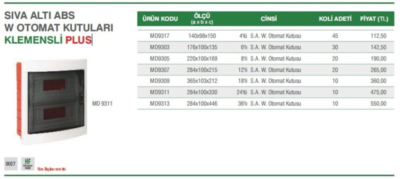 SIVA ALTI ABS W OTOMAT KUTULARI KLEMENSLİ PLUS